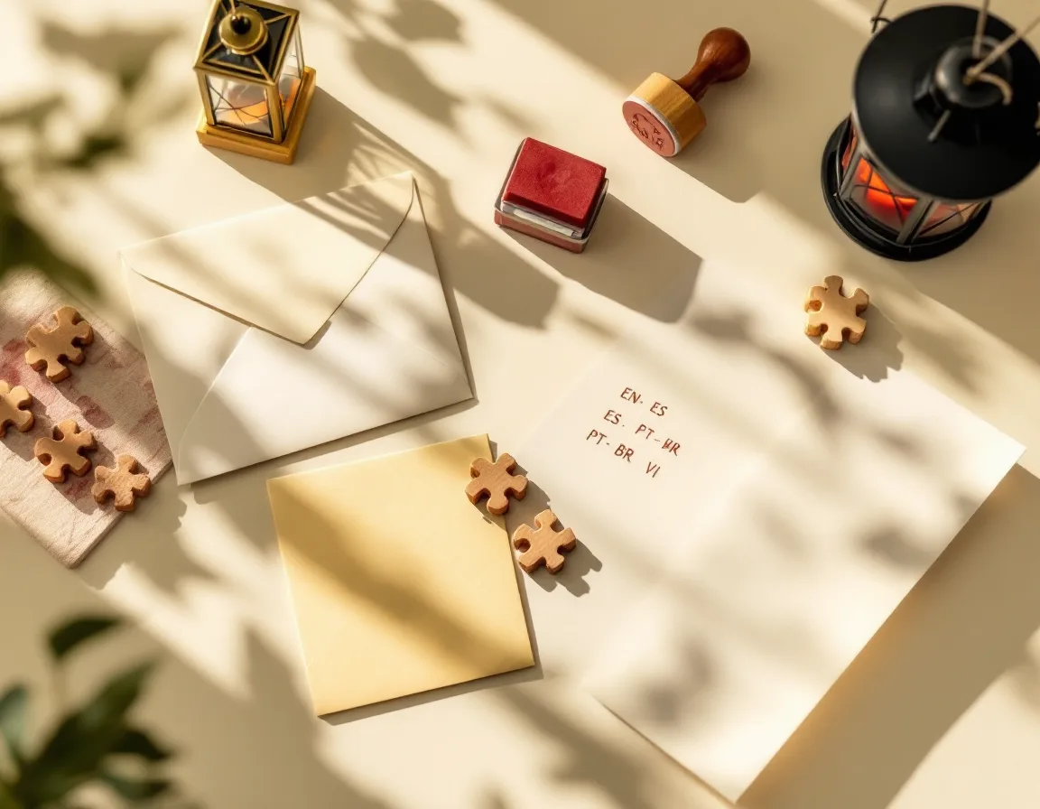 A hand-addressed envelope, a printed four-language glossary sheet, a red rubber stamp and a small lit lantern in late-afternoon light
